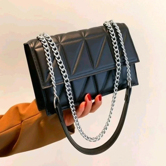 Handbags - Black faux leather style clutch chain purse crossbody bag handbag women girls si